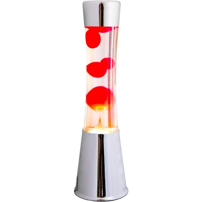 foto del prodotto lampada lava rossa. base cromata argento, liquido trasparente e lava rossa. lampada ad effetto rilassante. con lampadina di ricambio. 11 cm x 11cm x