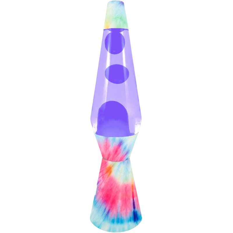 foto del prodotto lampada lava tie dye. base multicolore, liquido viola e lava viola. lampada ad effetto rilassante. con lampadina di ricambio. 11,5 cm x 11,5 cm x 40