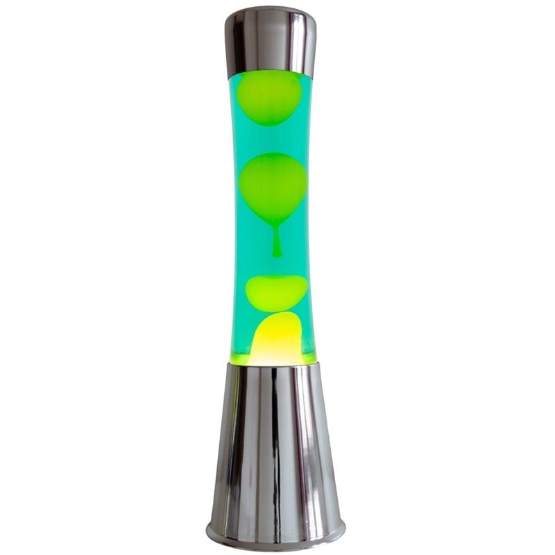 foto del prodotto lampada lava verde e gialla. base argento cromato, liquido verde e lava gialla. lampada ad effetto rilassante. con lampadina di ricambio. 11 cm x 11