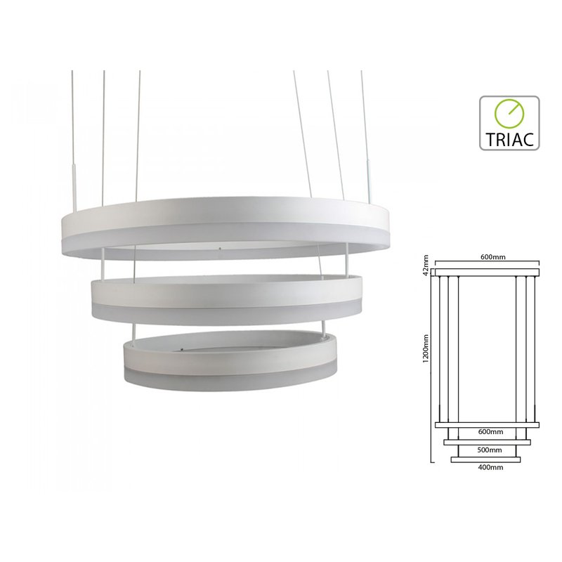 foto del prodotto lampada led a sospensione rotonda colore bianco tripli anelli diametro 600mm 500mm 400mm 3000k 80w dimmerabile triac dimmer sku 3989
