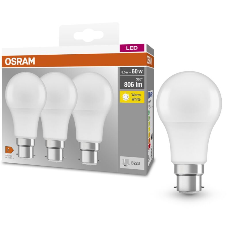 foto del prodotto lampada led base classic a 60 fr con attacco b22d, goccia, confezione tripla, 8.5w, 806lm, 2700k, luce bianca calda, bassa emissione di calore, basso