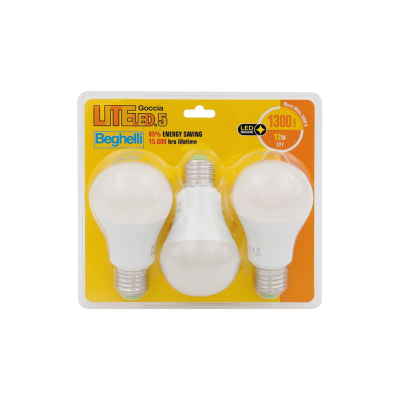 foto del prodotto lampada led beghelli 3pz goccia e27 12w luce calda