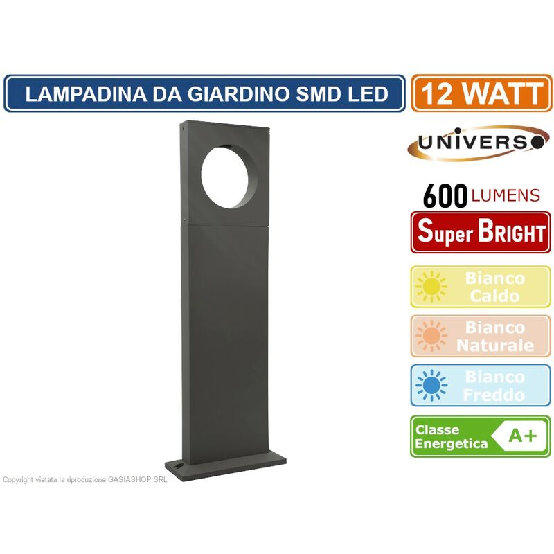 foto del prodotto lampada led da giardino 12w in alluminio grigio con fissaggio a terra ip65 lampione 500mm 600 lumen colore luce bianco caldo