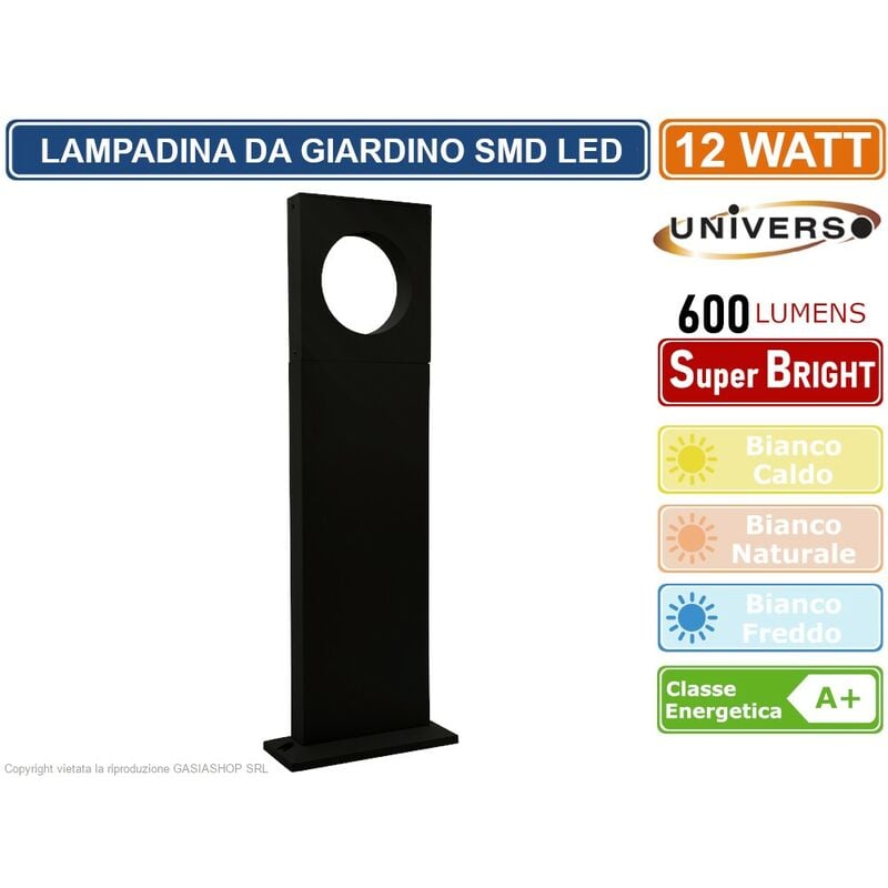 foto del prodotto lampada led da giardino 12w in alluminio nera con fissaggio a terra ip65 lampione 500mm 600 lumen colore luce bianco freddo