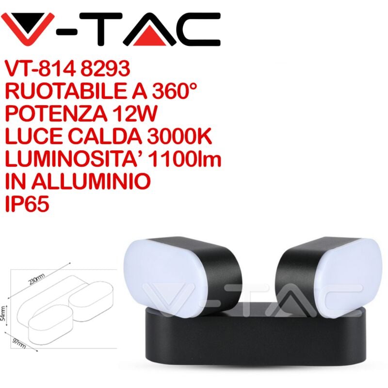foto del prodotto lampada led da muro 12w 110lm w nero con doppia testa ruotabile bianco caldo ip65 v tac