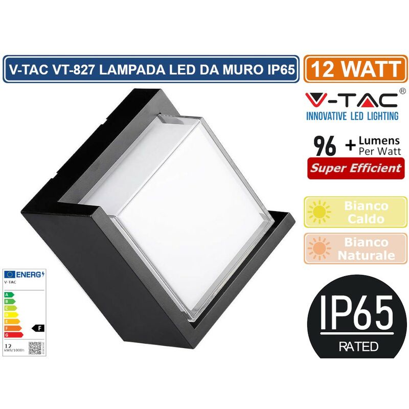 foto del prodotto lampada led da parete v-tac 12w 3000k nero vt-827-sq-n - 218539