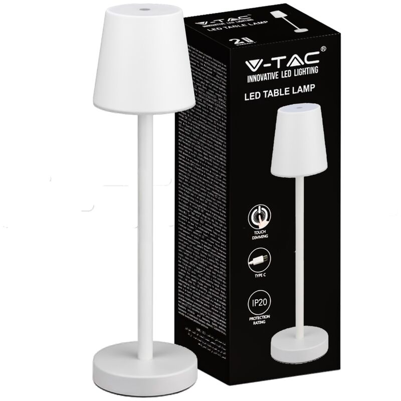 foto del prodotto lampada led da tavolo 3w ricaricabile a batteria colore bianco usb c touch dimmerabile 3000k luce tavolo ristorante da interno ip20 10191 v tac
