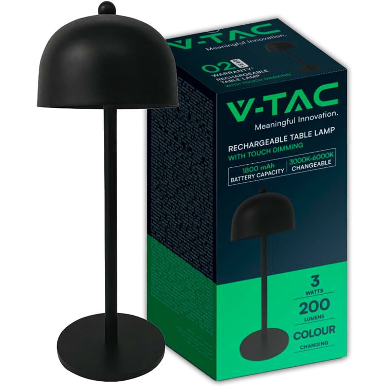 foto del prodotto lampada led da tavolo 3w ricaricabile, nero metallo touch dimmerabile 3in1 v tac