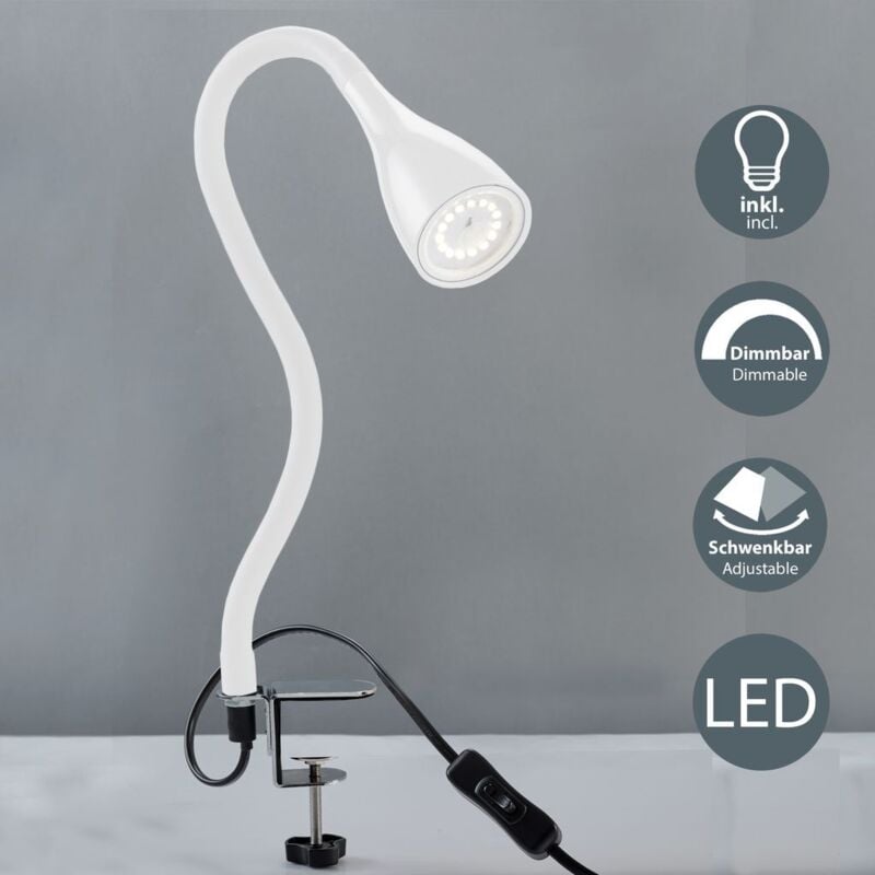 foto del prodotto lampada led da tavolo con morsetto dimmerabile su 3 livelli, include lampadina 5w gu10, luce calda 3000k, lampada da scrivania o comodino bianca