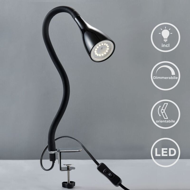 foto del prodotto lampada led da tavolo con morsetto dimmerabile su 3 livelli, include lampadina 5w gu10, luce calda 3000k, lampada da scrivania o comodino nera