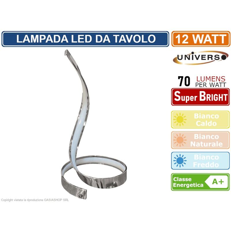 foto del prodotto lampada led da tavolo universo a spirale da 12w struttura cromata 3000k 4000k 6500k colore luce bianco freddo
