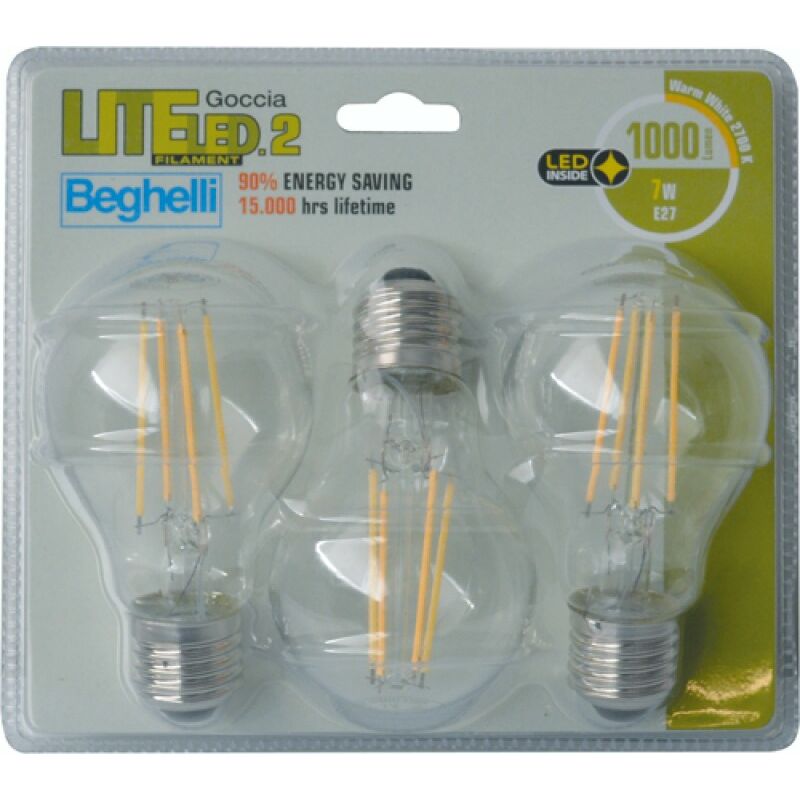 foto del prodotto lampada led filamento cf.3pz goccia e27 7w 2700k beghelli liteled 58008