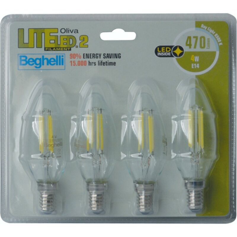 foto del prodotto lampada led filamento cf.4pz oliva e14 4w 6500k beghelli liteled 58012b
