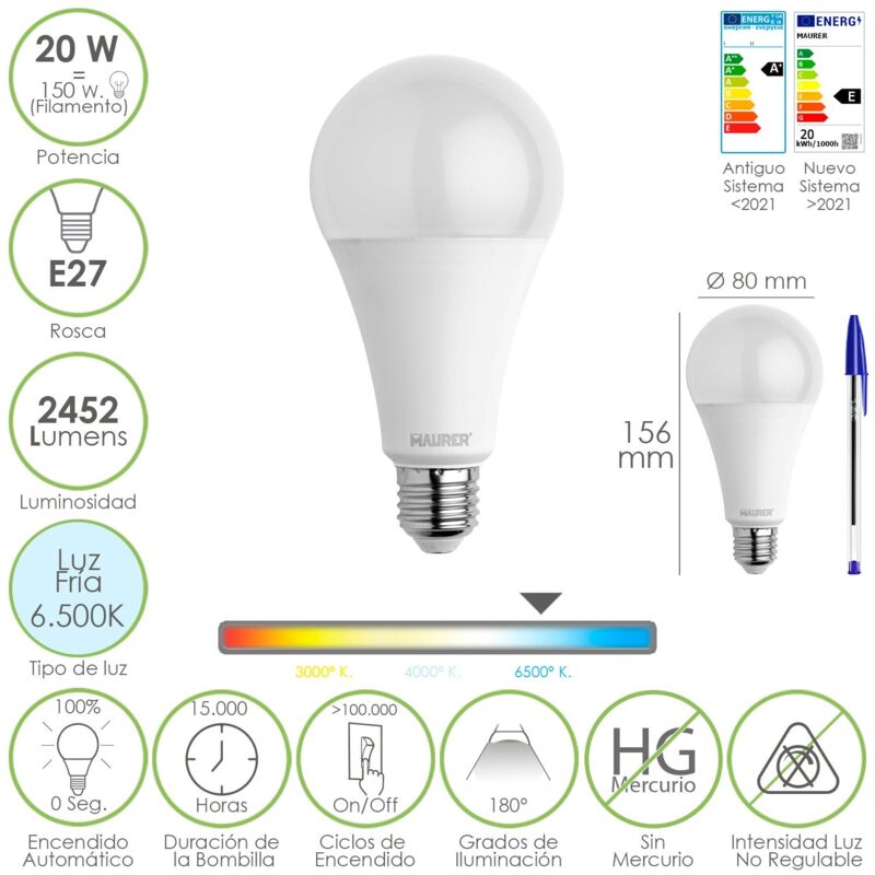 foto del prodotto lampada led maurer goccia e27 20w 2452l 6500k l.fredda