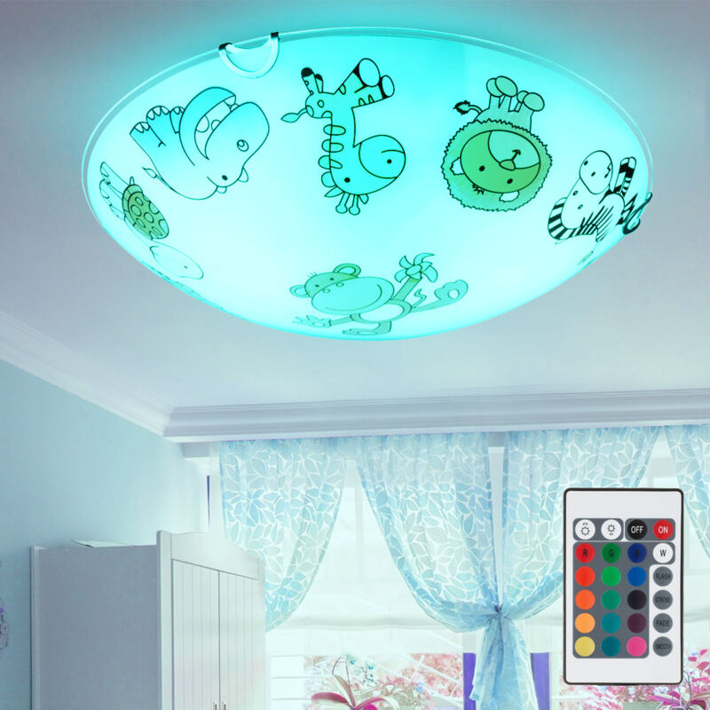 foto del prodotto lampada led per bambini dimmerabile con telecomando lampada da soffitto in vetro per cameretta dei bambini rotonda, vetro colorato con motivi di