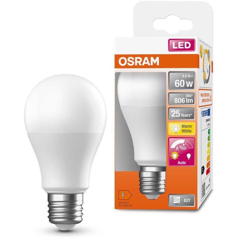 foto del prodotto lampada led superstar classic a 60 fr, attacco e27, goccia, 8.8w, 806lm, 2700k, luce bianca calda, basso consumo energetico, lunga durata, sensore