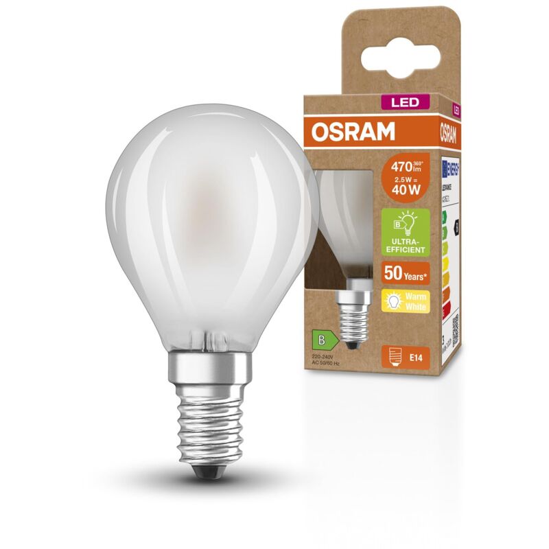 foto del prodotto lampada led superstar classic p glfr 40, e14, sfera, 2.5w, 470lm, 2700k, luce bianca calda, tecnologia a filamento led, basso consumo energetico,