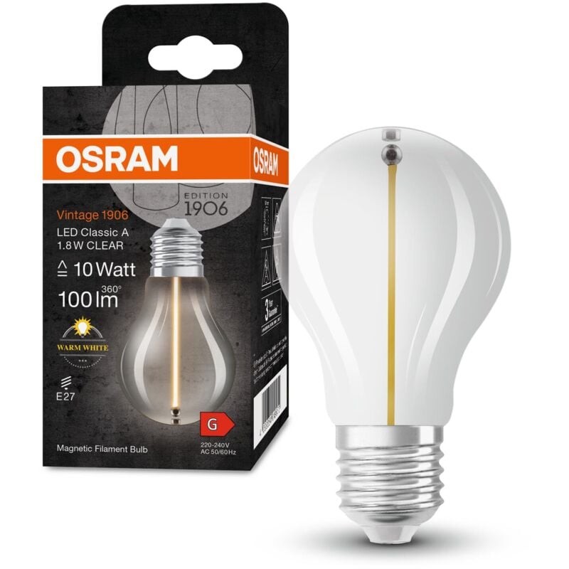 foto del prodotto lampada led vintage 1906 classic a fil, e27, goccia, trasparente, 1.8w, 100lm, 2700k, luce bianca calda, filamento magnetico, basso consumo