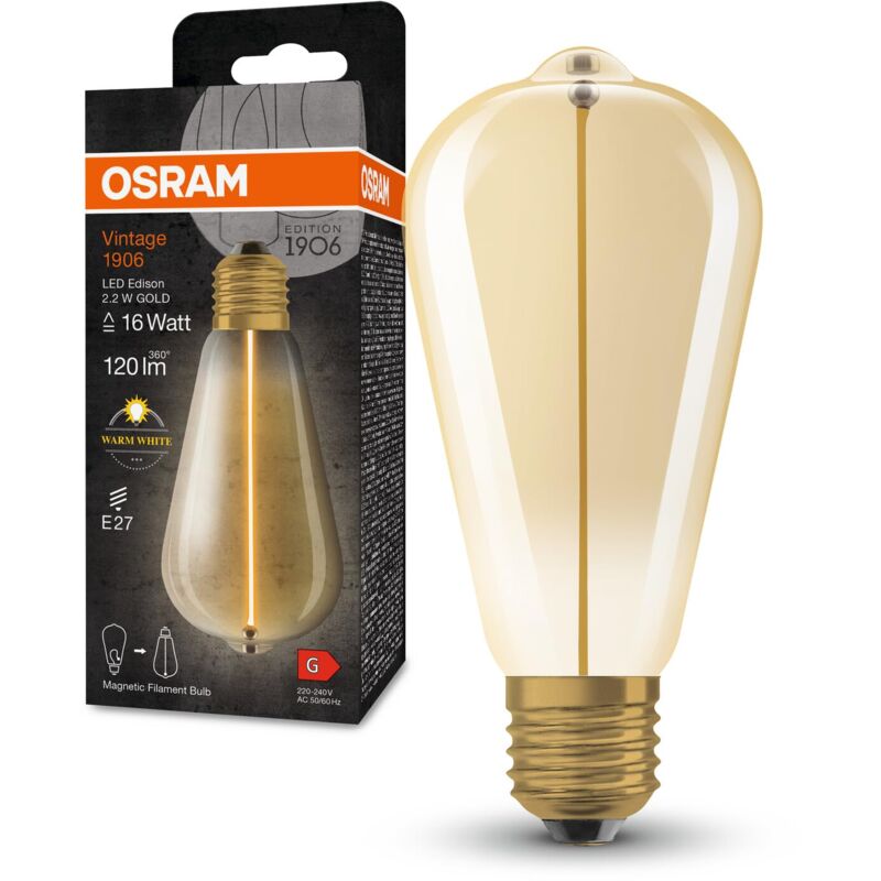 foto del prodotto lampada led vintage 1906 classic edison fil, e27, oro, 2.2w, 120lm, 2700k, luce bianca calda, filamento magnetico, basso consumo energetico, lunga