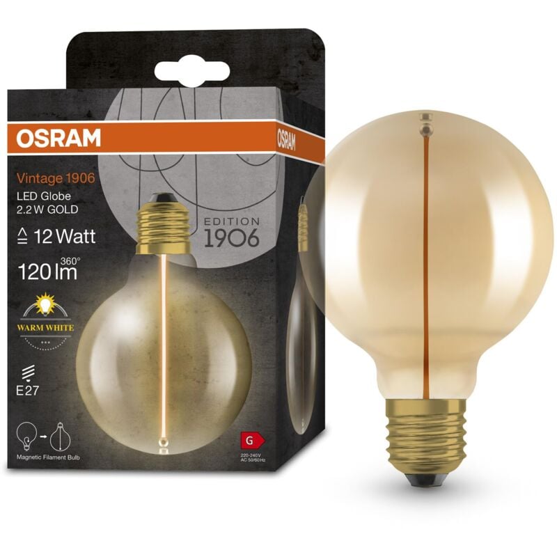foto del prodotto lampada led vintage 1906 classic globe95 fil, e27, globo, oro, 2.2w, 120lm, 2700k, luce bianca calda, filamento magnetico, basso consumo energetico,