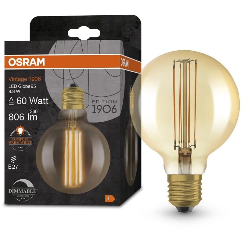 foto del prodotto lampada led vintage 1906 vetro dorato, 8,8w, 806lm, forma globo con diametro 95mm e attacco e27, luce bianca calda, filamento lineare, dimmerabile,