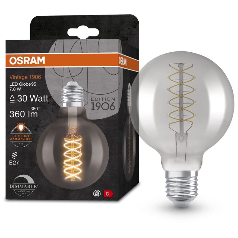 foto del prodotto lampada led vintage 1906 vetro fum , 7,8w, 360lm, forma globo con diametro 95mm e attacco e27, luce bianca calda, filamento a spirale, dimmerabile,
