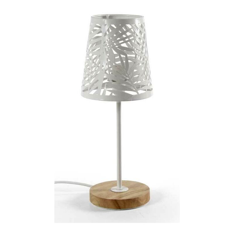 foto del prodotto lampada lumetto con paralume a foglia bianco e base in legno tonda14 x 35 cm
