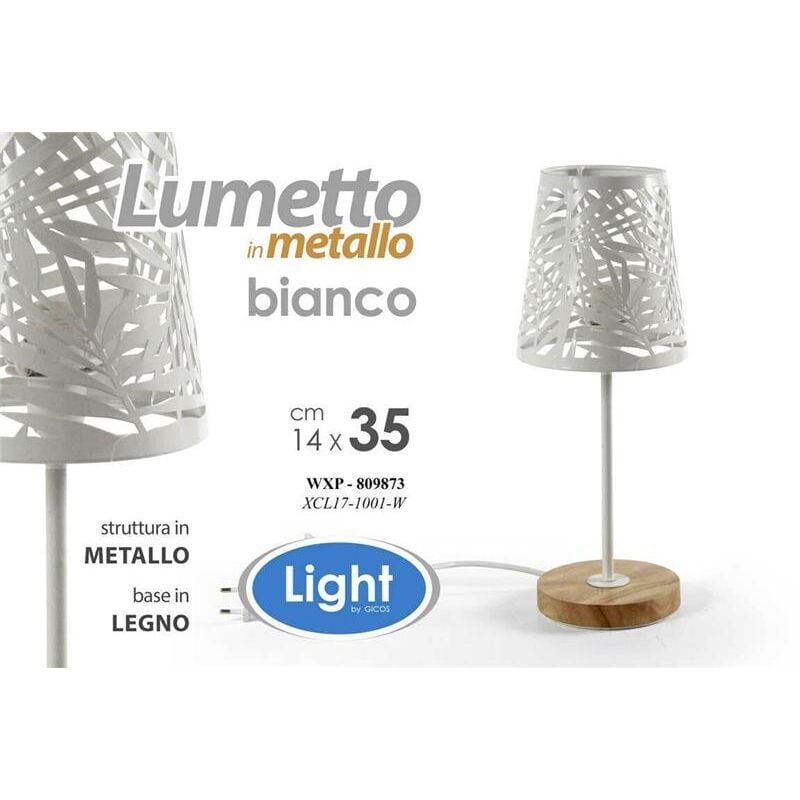 foto del prodotto lampada lumetto con paralume a foglia bianco e base in legno tonda14 x 35 cm