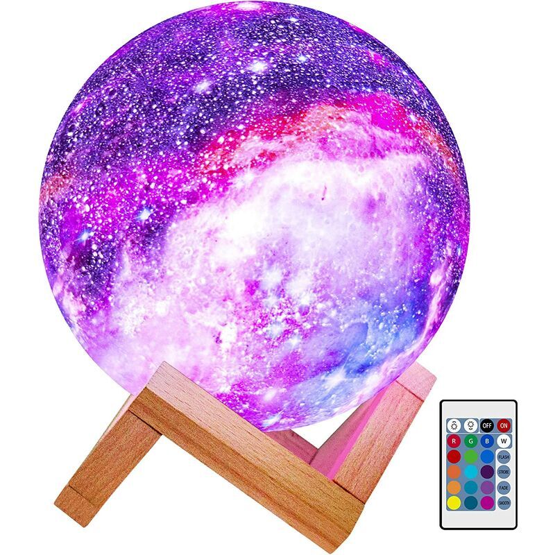 foto del prodotto lampada lunare per bambini, luce notturna, lampada galattica, 5,9 pollici, 16 colori, led 3d, luce lunare a stella con supporto in legno, telecomando