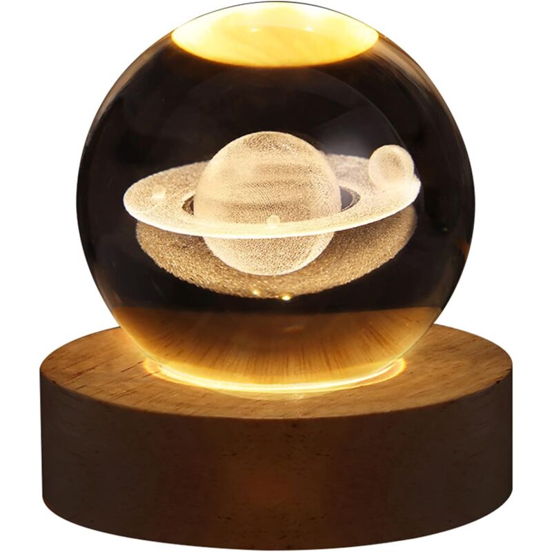 foto del prodotto lampada notturna 3d saturno sfera di cristallo per bambini, sfera di vetro, lampada da notte con base in legno, decorazioni fantasy, sfera di