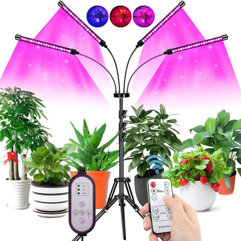 foto del prodotto lampada per piante con treppiede, 80w lampada per coltivazione, 4 heads led grow light con timer automatico 4 8 12h, treppiede regolabile per semina,