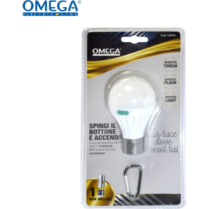 foto del prodotto lampada portatile a batteria, con moschettone per aggancio, luminosita 100 e 50