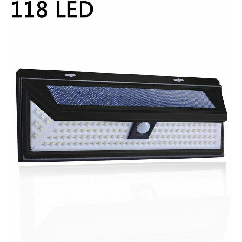 foto del prodotto lampada solare 118 led lampada da parete con sensore di movimento pir illuminazione 1000 lumen impermeabile ip65 per uso esterno in giardino.