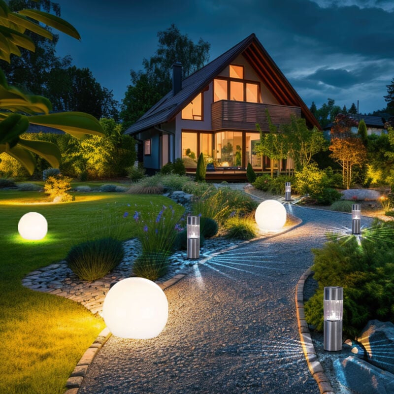 foto del prodotto lampada solare a globo per esterni con picchetto a terra lampada da giardino a luce solare lampada a globo per decorazione del giardino, acciaio inox