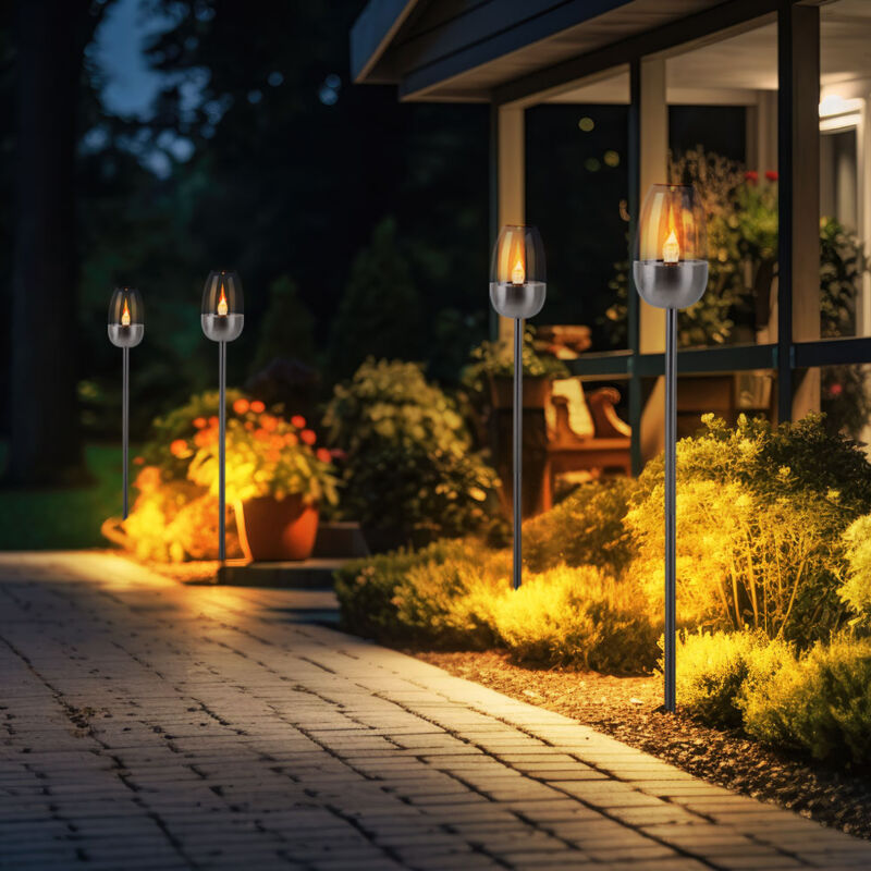 foto del prodotto lampada solare a led a innesto per sentiero con picchetto a terra effetto fiamma lampada da giardino luce esterna, bianco metallo, 1x led bianco