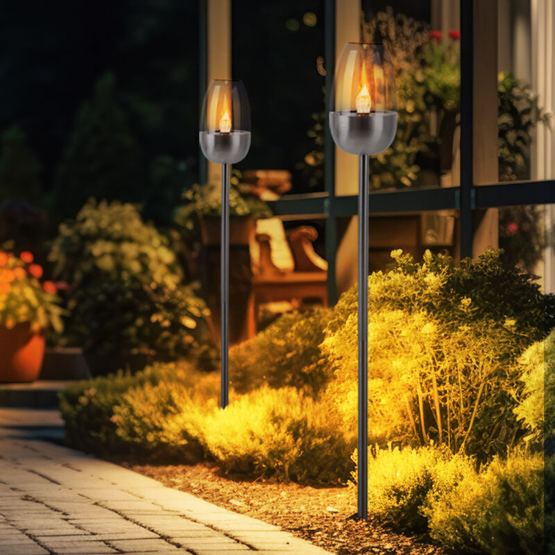foto del prodotto lampada solare a led a innesto per sentiero con picco a terra effetto fiamma lampada da giardino luce esterna, bianco metallo, 1x led bianco caldo,