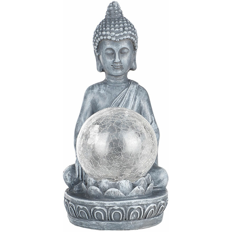 foto del prodotto lampada solare a led figura di buddha con sfera di vetro craquel decorazione terrazza giardino, cambio colore, 1x led bianco caldo, h 19,5 cm