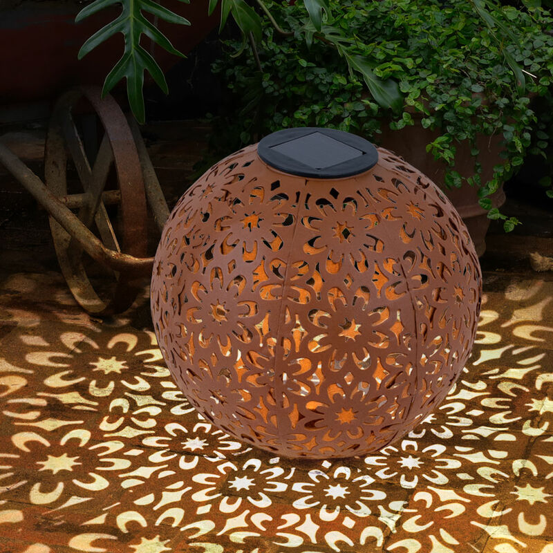 foto del prodotto lampada solare a luce solare per sfera esterna decorazione da giardino solare ruggine picchetto da terra, punzonatura decorativa floreale, metallo,
