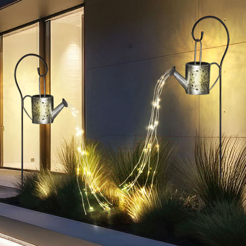 foto del prodotto lampada solare a presa per annaffiatoio, lampada da giardino per esterni nel design dell annaffiatoio, lampada da presa, argento, 24 led bianco