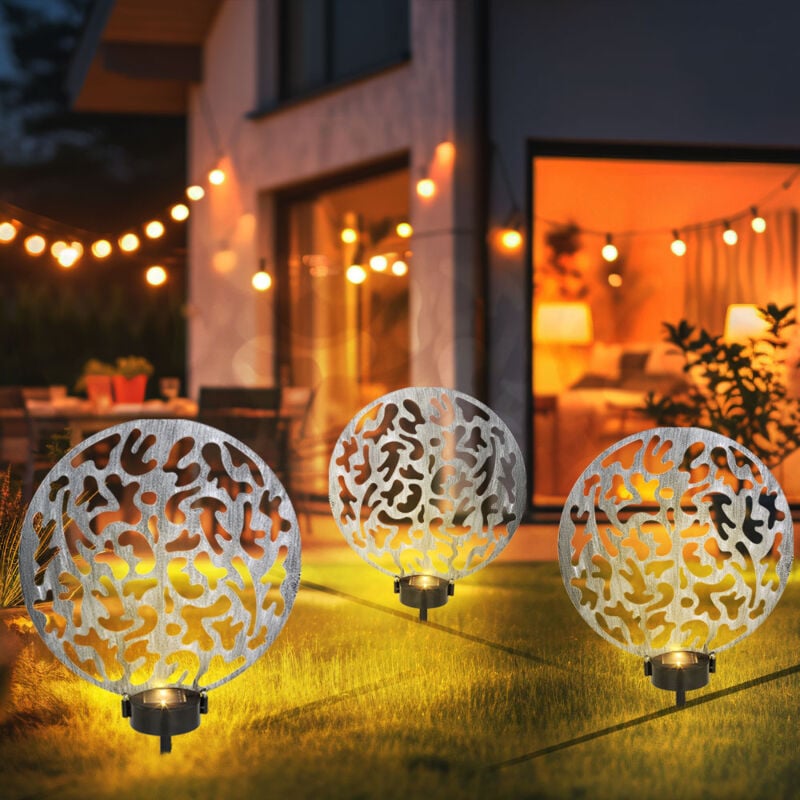 foto del prodotto lampada solare a presa solare lampada solare rotonda lampada da esterno decorazione da giardino picchetto, effetto luminoso, metallo argento antico,