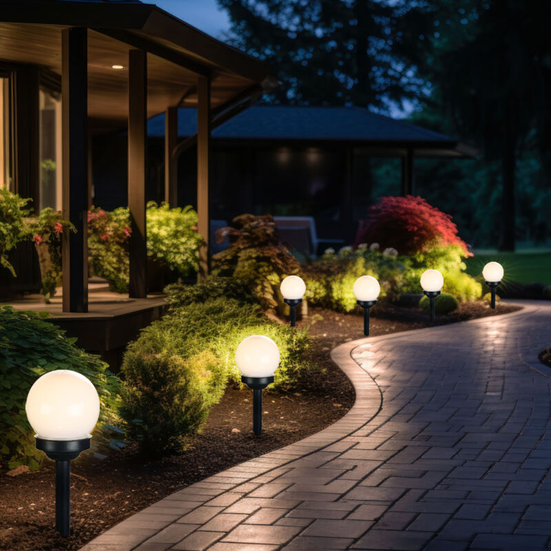 foto del prodotto lampada solare a sfera da giardino con spina, lampada a sfera con picchetto, bianco grigio, led bianco caldo, pxa 10x39 cm, set da 6