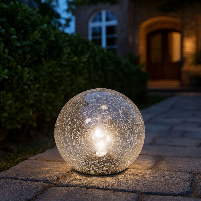 foto del prodotto lampada solare a sfera per esterni, lampada da giardino a led, luci fiabesche integrate, luce per patio, 10 fiamme, vetro crepla, 10x led, dxh 15x15