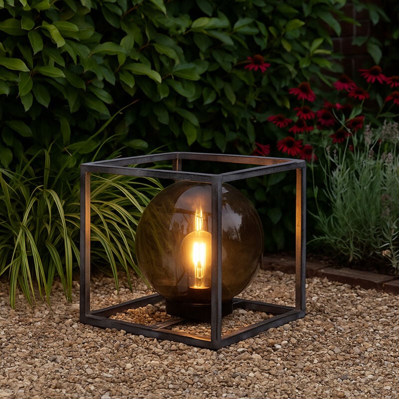 foto del prodotto lampada solare a sfera per esterni, lampada da giardino, lampada solare, fumo, cubo, nichel antico, led bianco caldo, lxlxa 30x30x30 cm
