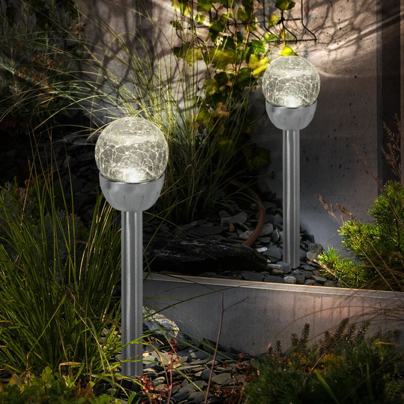 foto del prodotto lampada solare a sfera per esterni, luce a innesto in look vetro rotto, luce da giardino, batteria ricaricabile integrata, acciaio inox, argento,