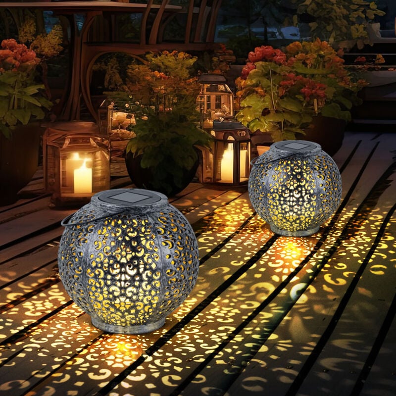 foto del prodotto lampada solare a sospensione decorazione giardino led giardino rotonda luce da tavolo design, plastica nero argento, 1x led, dxh 18x17 cm, set di 2