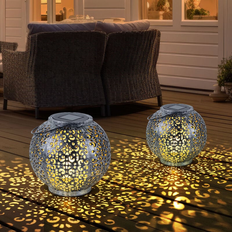 foto del prodotto lampada solare a sospensione decorazione giardino led giardino rotonda luce da tavolo design, plastica nero argento, 1x led, dxh 18x17 cm, set di 2