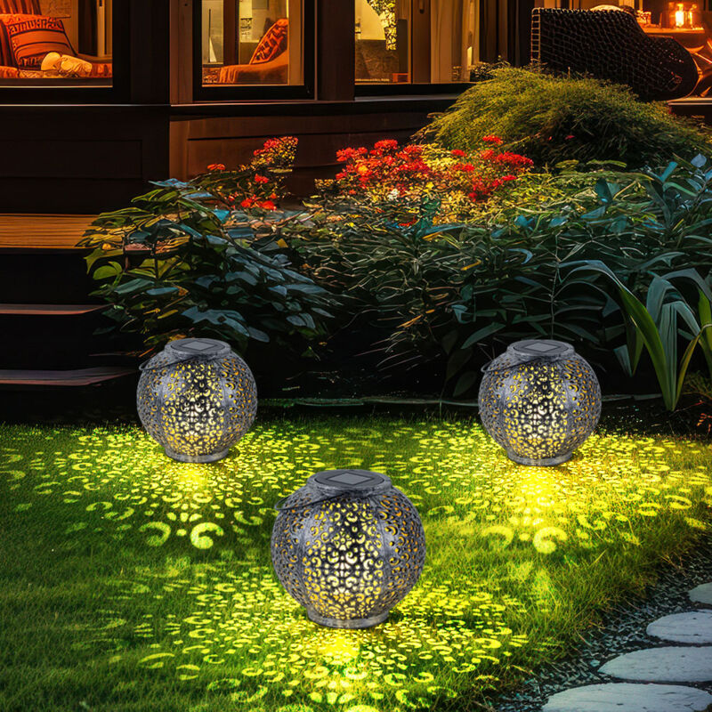 foto del prodotto lampada solare a sospensione decorazione giardino led giardino rotonda luce da tavolo design, plastica nero argento, 1x led, dxh 18x17 cm, set di 3
