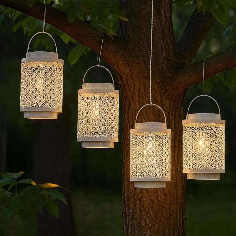 foto del prodotto lampada solare a sospensione lampade solari per la decorazione di giardini all aperto lanterna orientale, metallo bianco, orientale, led, dxh 13x18