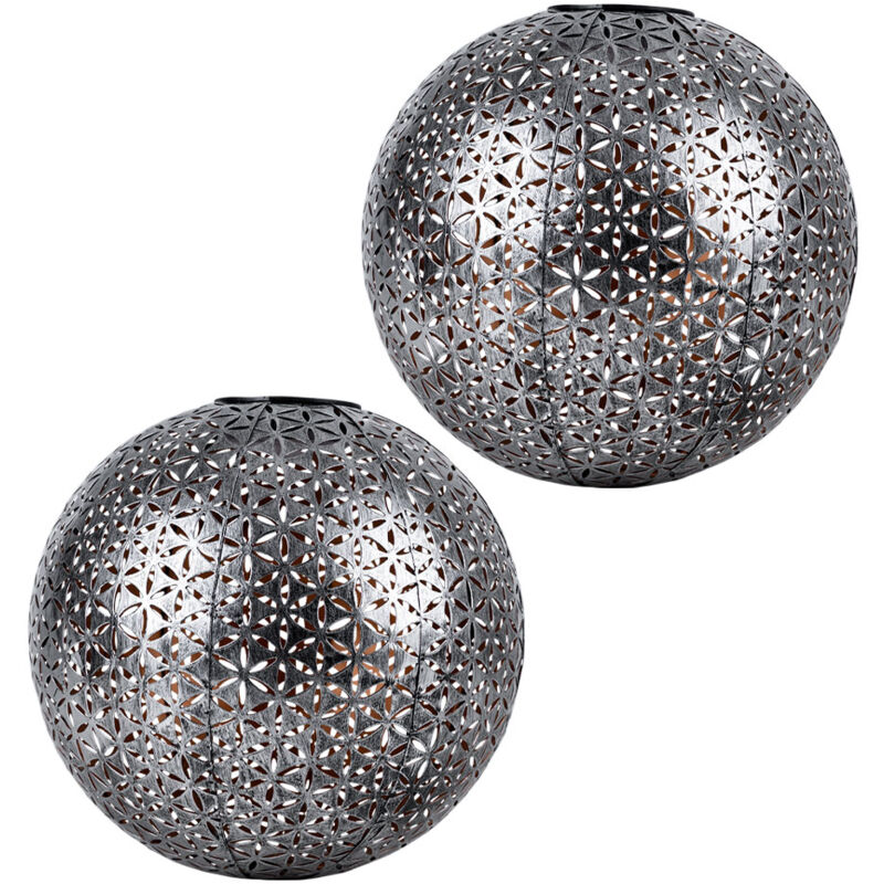 foto del prodotto lampada solare a spina con sfera luminosa da giardino, terrazza, picchetto da terra orientale, metallo grigio argento, batteria, 1x led bianco caldo,