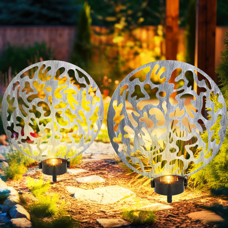 foto del prodotto lampada solare a spina, lampada solare, rotonda, lampada da esterno, decorazione da giardino, picchetto, effetto luce, metallo argento antico, 2x led